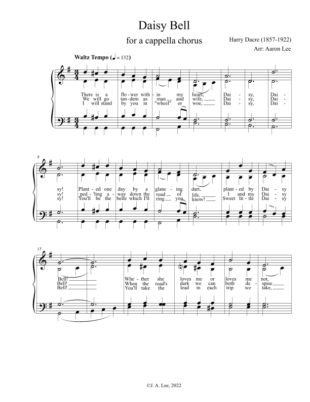 Daisy Bell (for SATB choir, a cappella) (arr. Aaron Lee)