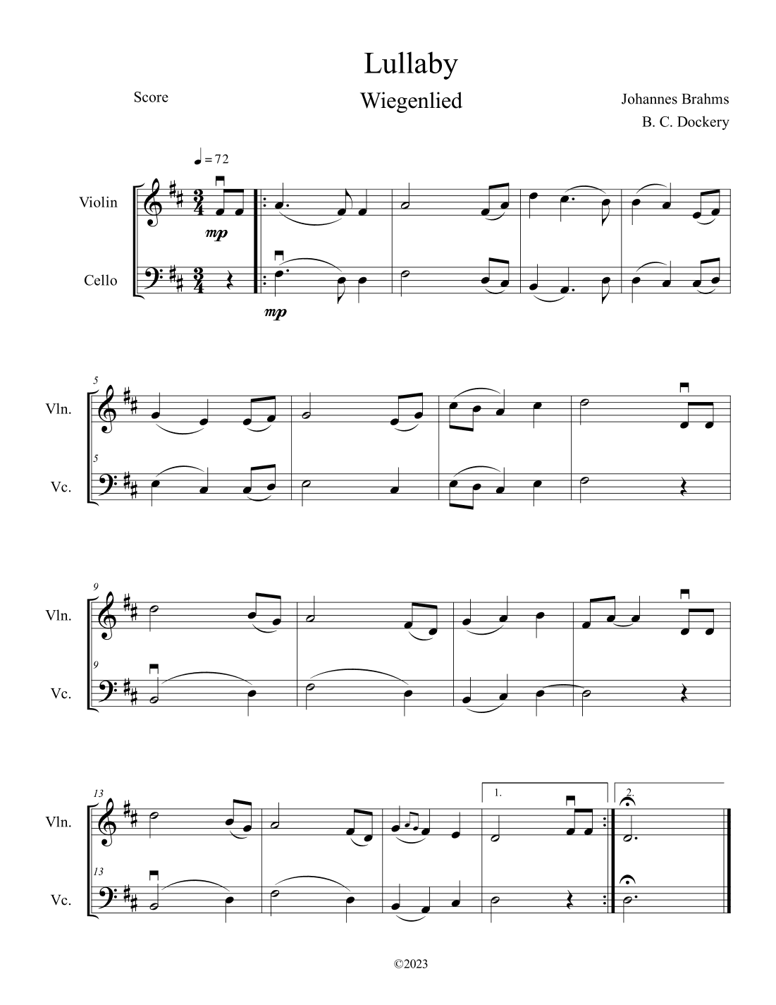Brahms's Lullaby (Violin and Cello Duet) (arr. B. C. Dockery)