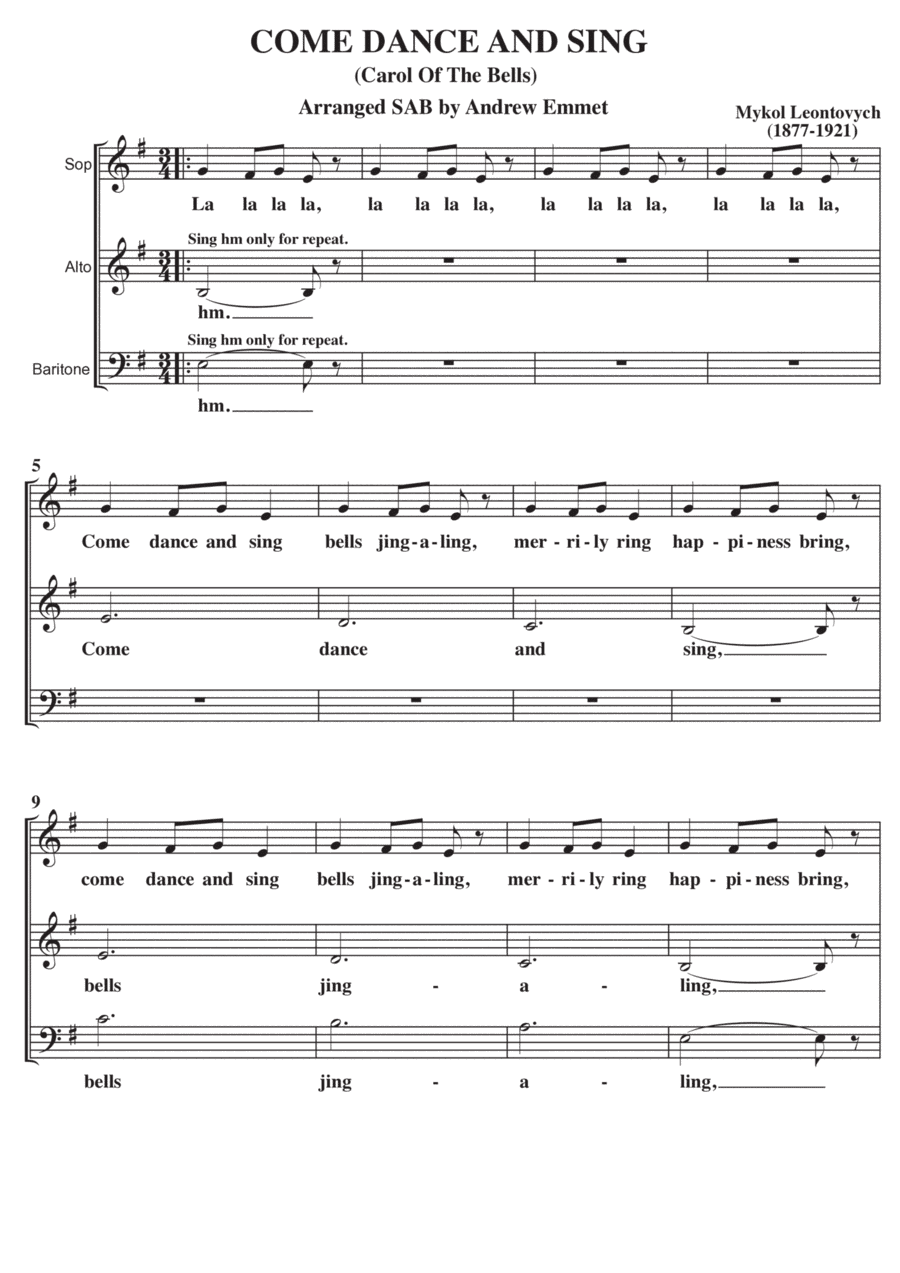 Come Dance And Sing (Carol Of The Bells) A Cappella SAB Em (arr. Andrew Emmet)