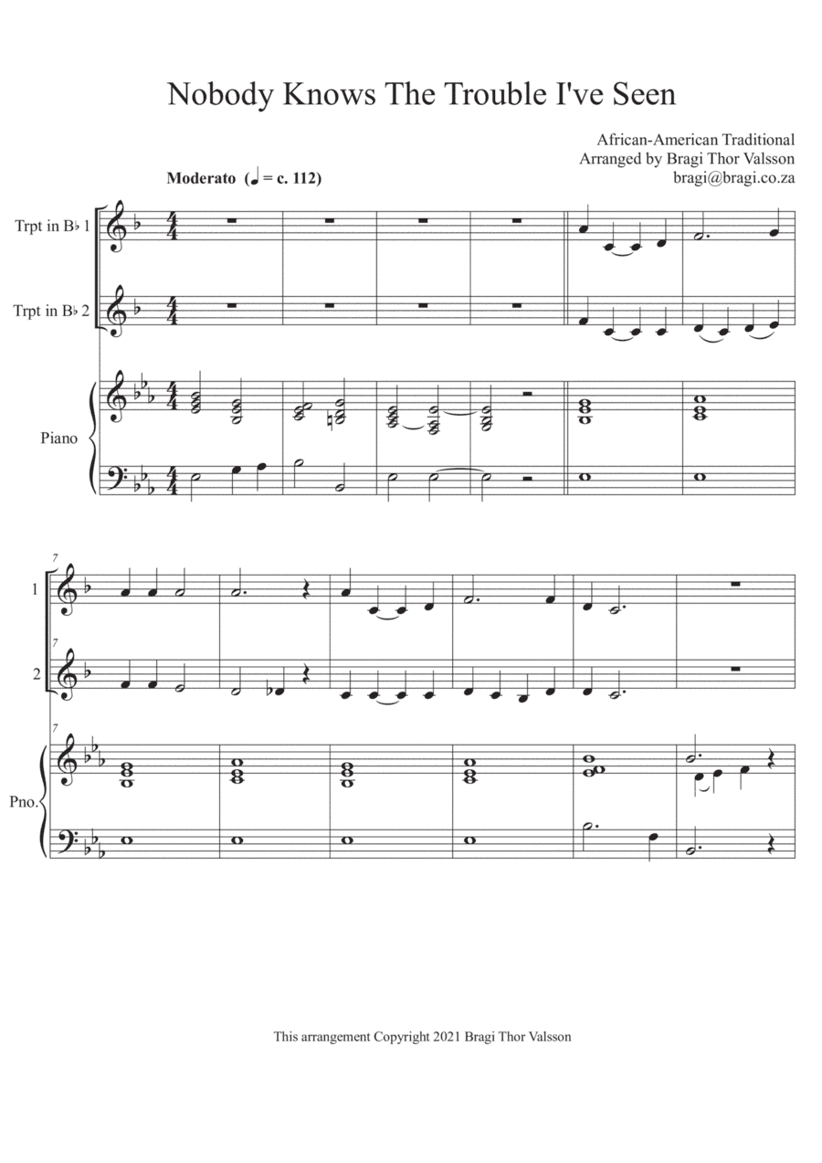 Nobody Knows The Trouble I've Seen - Duet for two Trumpets with Piano accompaniment (arr. Bragi Thor Valsson)