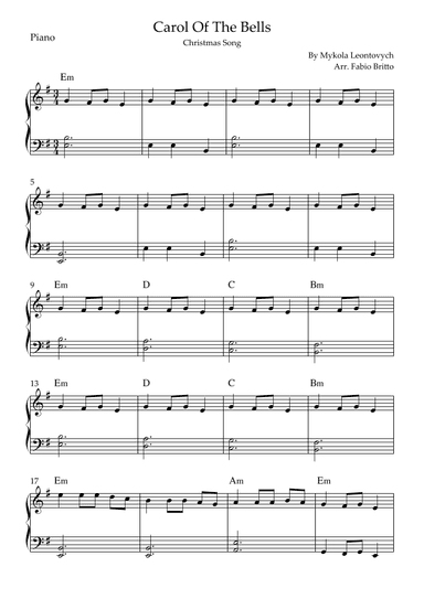 Carol Of The Bells (Christmas Song) for Easy Piano Solo with Chords (G/Em) (arr. Fabio Britto)