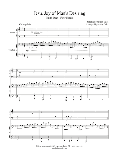 Jesu, Joy of Man's Desiring (elementary student/teacher piano duet) (arr. Anne Britt)
