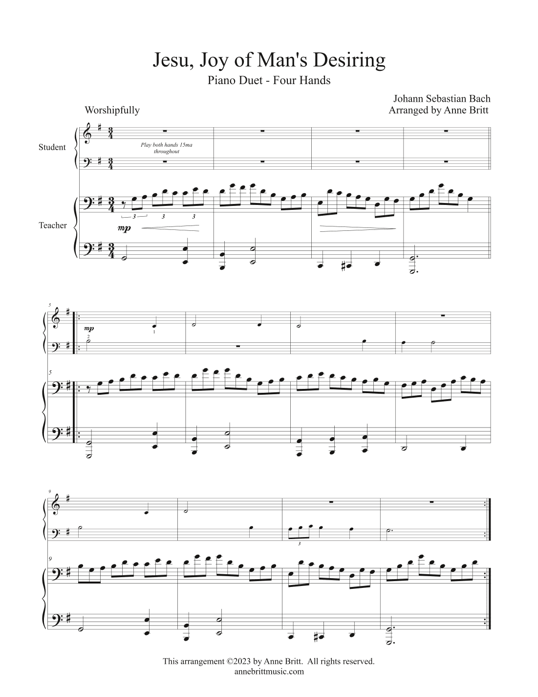 Jesu, Joy of Man's Desiring (elementary student/teacher piano duet) (arr. Anne Britt)