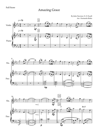 Amazing Grace for Violin Solo and Piano Accompaniment with Chords (arr. Fernando Britto)