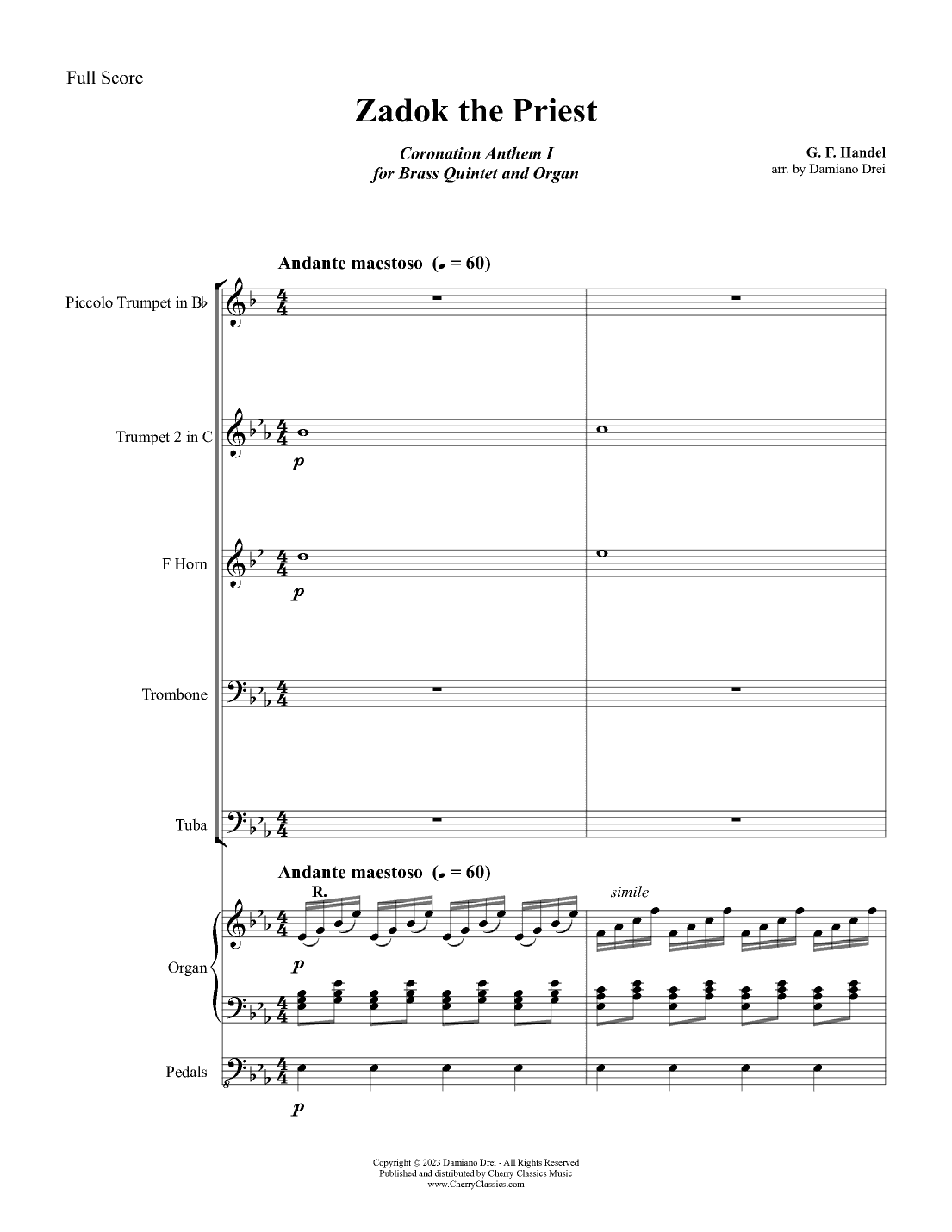 Zadok the Priest for Brass Quintet and Organ (arr. Damiano Drei)