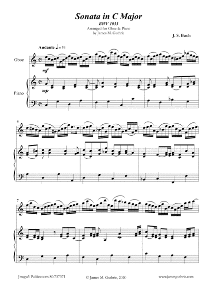 BACH: Sonata in C Major BWV 1033 for Oboe & Piano (arr. James Guthrie, ASCAP)