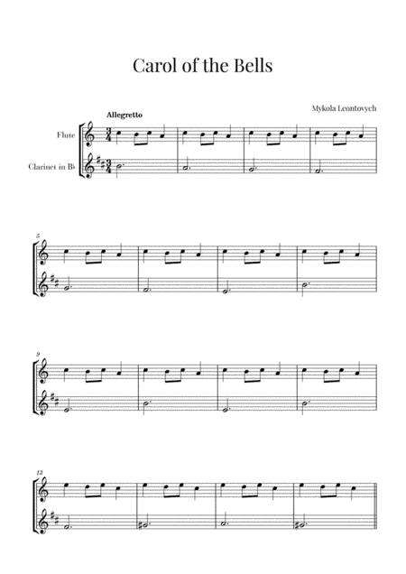 Carol of the Bells for Flute and Clarinet (arr. Cadenza Editions)