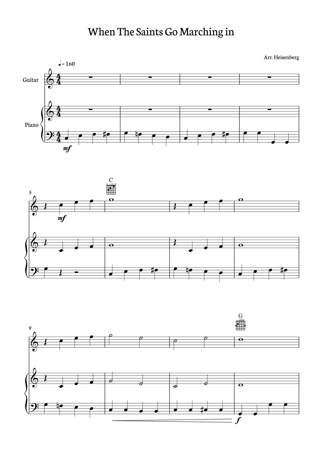 When The Saints Go Marching In for Guitar with Piano accompaniment and chords (arr. Heisenberg)