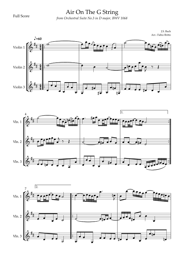 Air On The G String (J.S. Bach) for Violin Trio (arr. Fabio Britto)