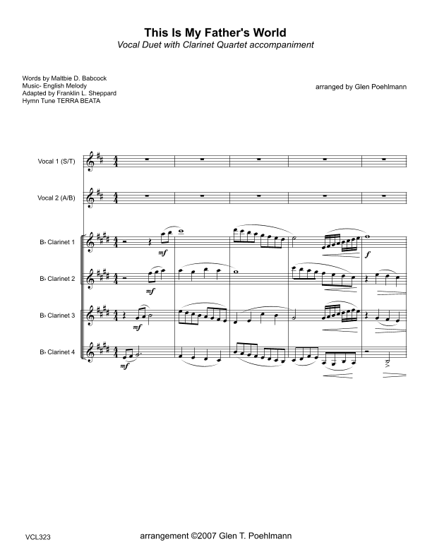 THIS IS MY FATHER'S WORLD - Vocal Duet with Clarinet Quartet (arr. Glen Poehlmann)