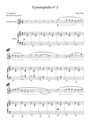 Gymnopédie nº 3 - For Clarinet in Bb and Piano (arr. Bernardo Thronicke)