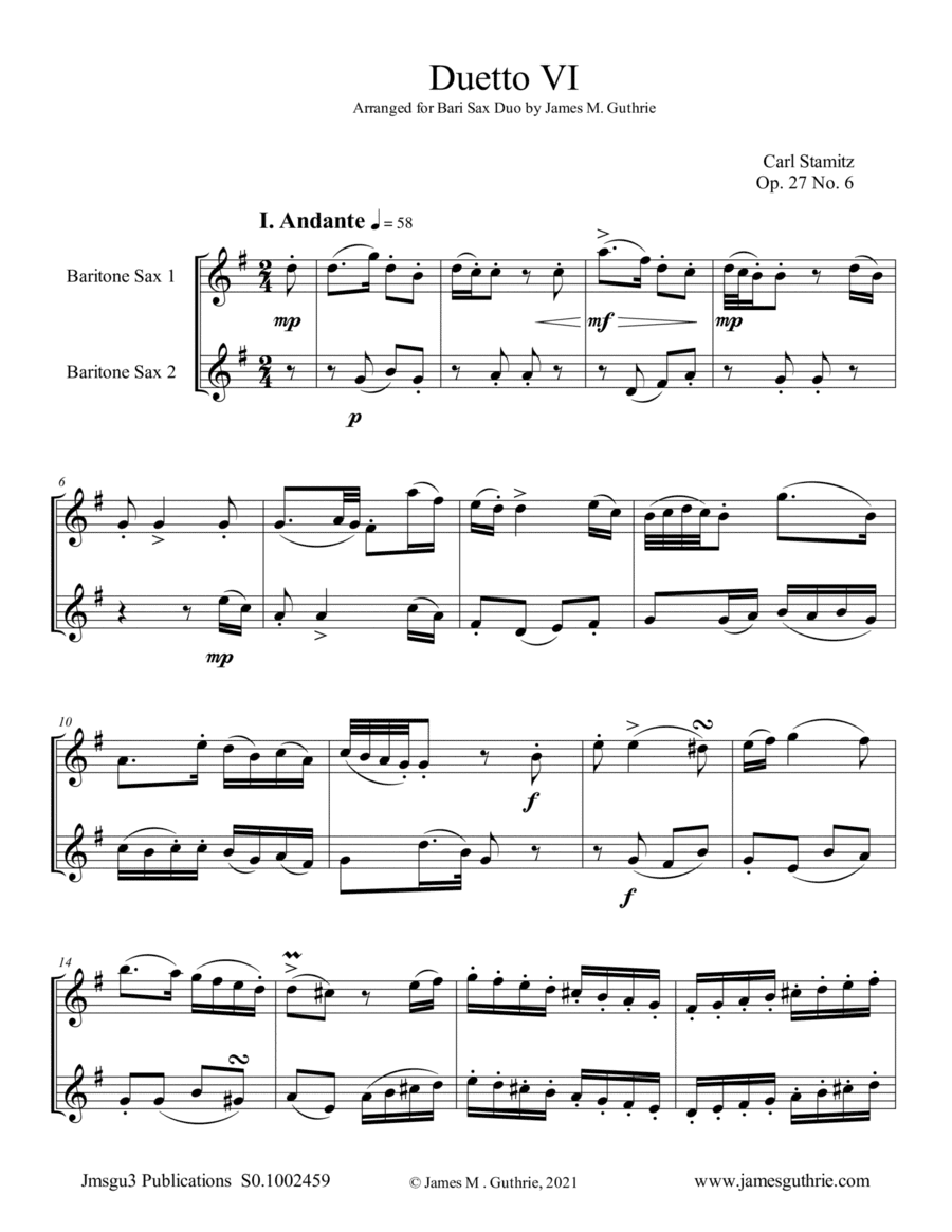 Stamitz: Duet Op. 27 No. 6 for Baritone Sax Duo (arr. James M. Guthrie)