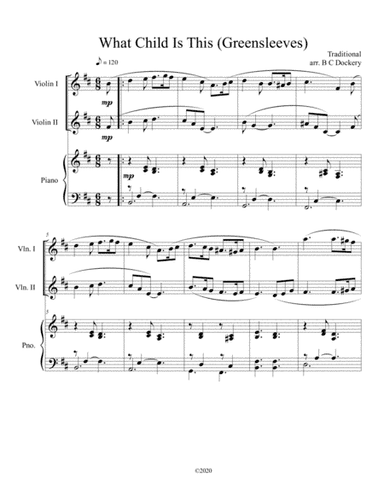 What Child Is This (Greensleeves) for violin duet with optional piano accompaniment (arr. B C Dockery)