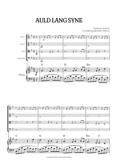 Auld Lang Syne • New Year's Anthem | String Quartet & Piano Accompaniment sheet music with chords (arr. Benzaiten Editions)