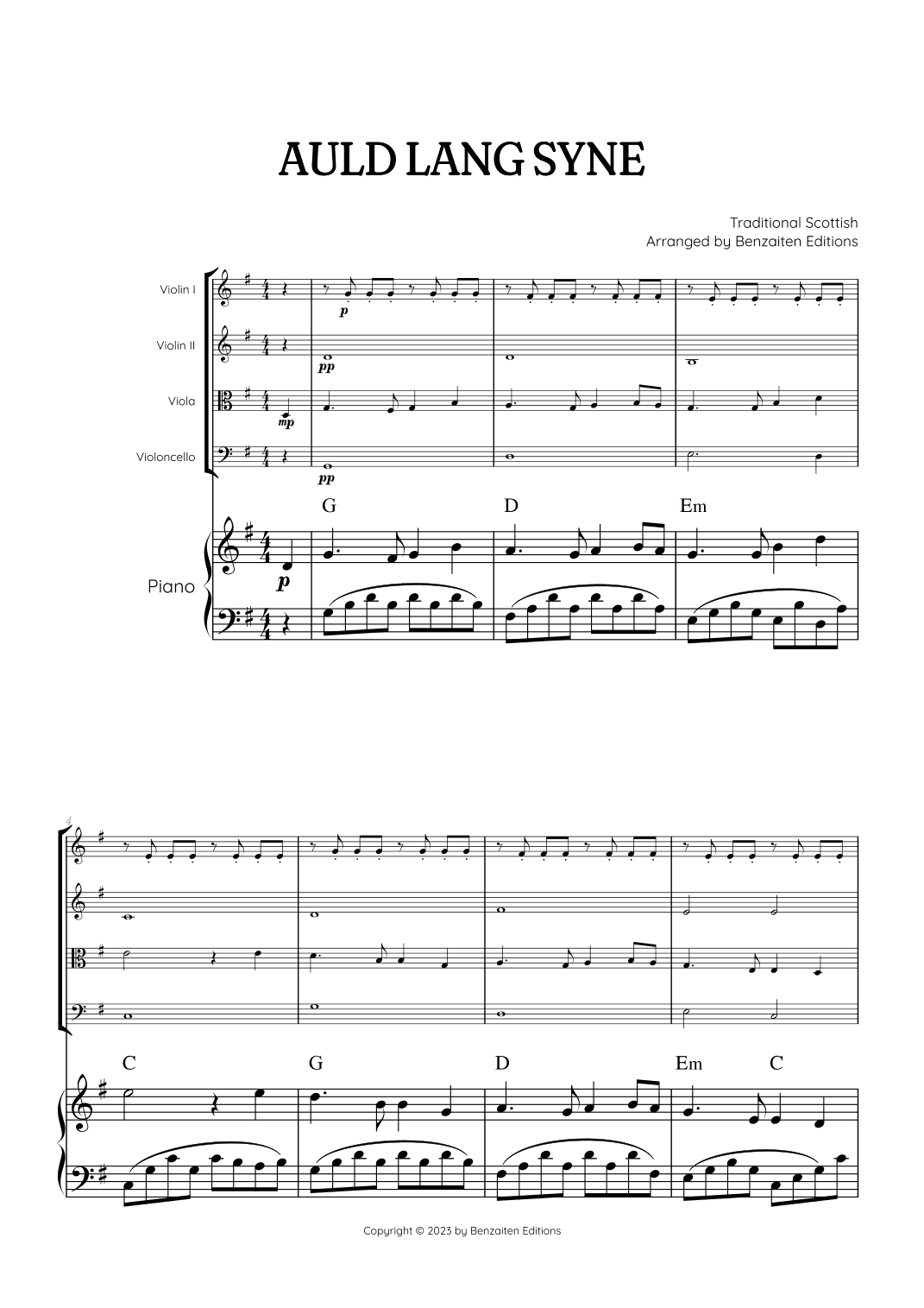 Auld Lang Syne • New Year's Anthem | String Quartet & Piano Accompaniment sheet music with chords (arr. Benzaiten Editions)