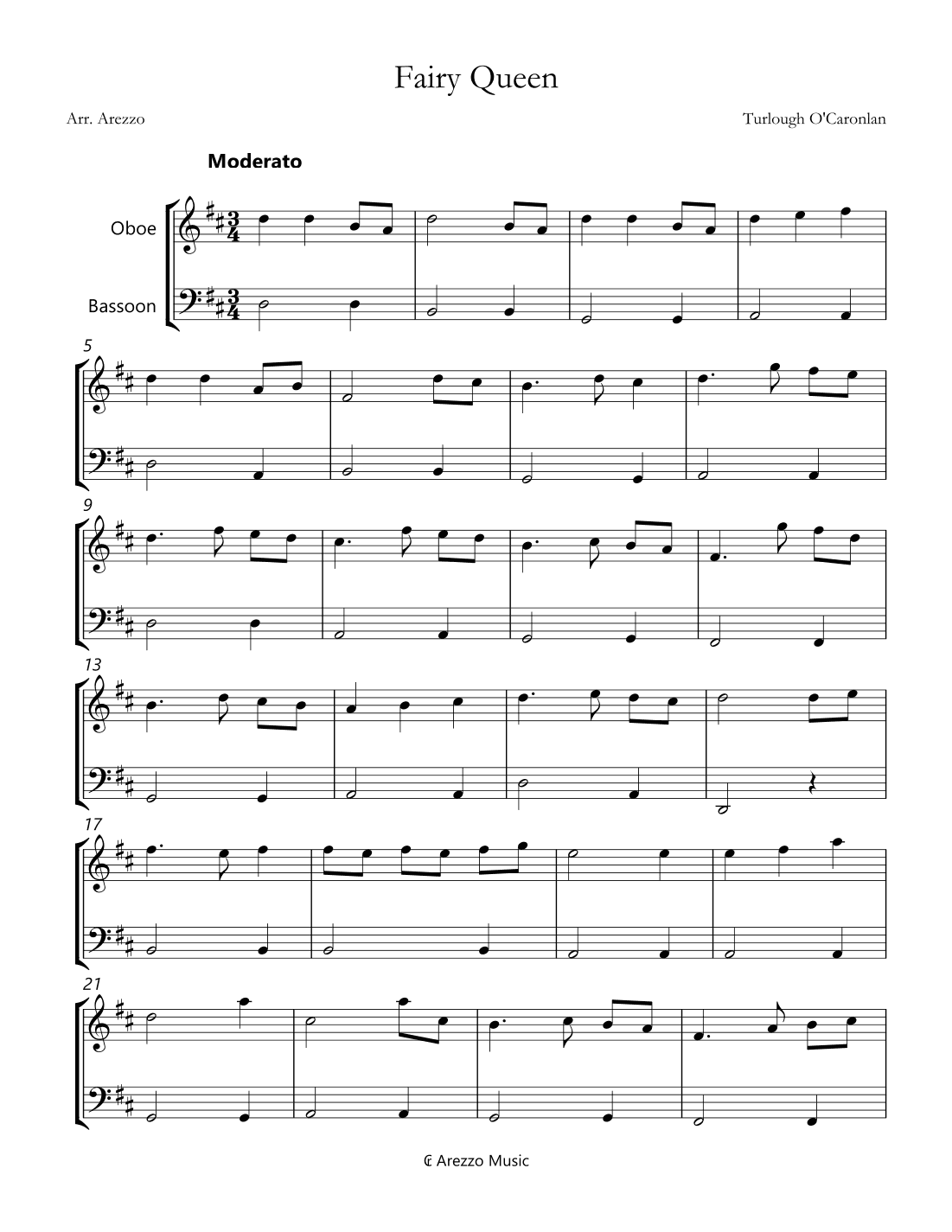 Fairy Queen Turlough O'Carolan Oboe & Bassoon Sheet Music (arr. Arezzo Music)