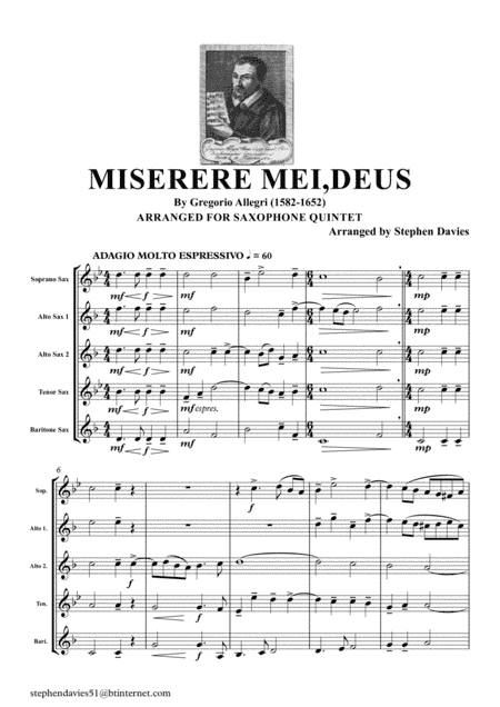 Miserere Mei, Deus by Gregorio Allegri (1582-1652) for Saxophone Quintet. (arr. Stephen Davies)