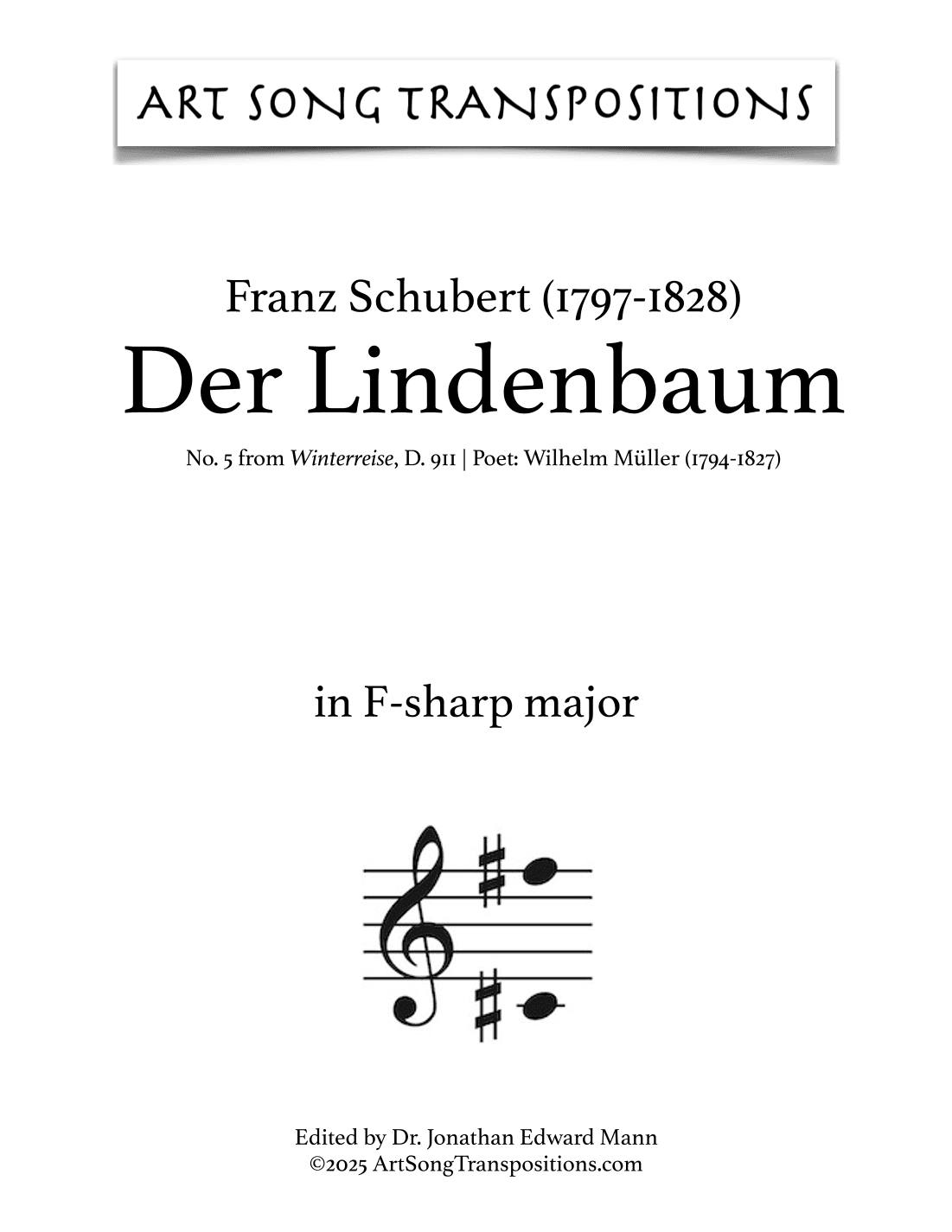 SCHUBERT: Der Lindenbaum, D. 911 no. 5 (transposed to D major, bass clef) (arr. ArtSongTranspositions.com)