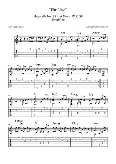 Beethoven - Für Elise - Easy Classical Guitar wih TABS (arr. Ygor Nunes)