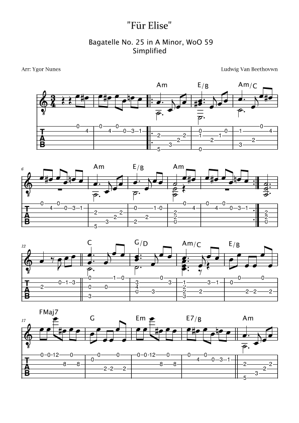 Beethoven - Für Elise - Easy Classical Guitar wih TABS (arr. Ygor Nunes)