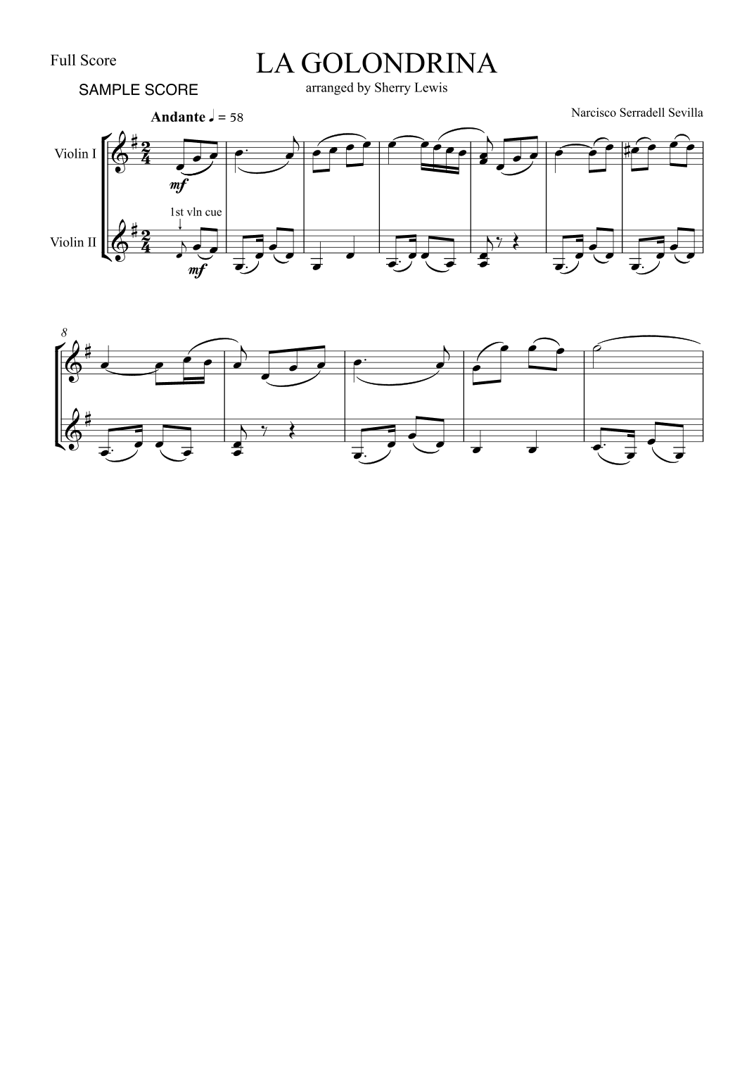 LA GOLONDRINA DUET FOR 2 VIOLINS, Intermediate Level (arr. Sherry Lewis)