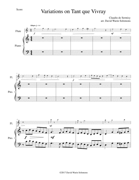 Variations on Tant que vivray (as long as I live) for flute and piano (arr. David Warin Solomons)
