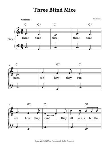 Three Blind Mice - Easy Piano in C (with Lyrics) (arr. Yuri Noronha)