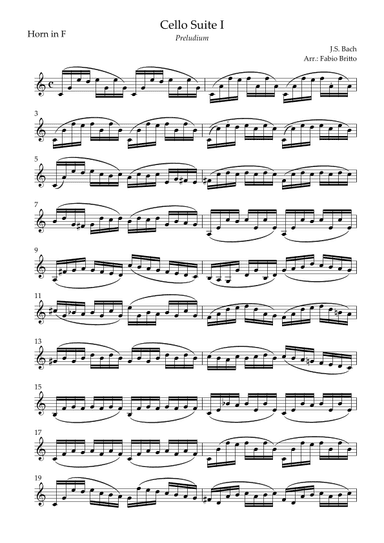 Preludium (from Cello Suite no.1 - J. S. Bach) for Horn in F Solo (arr. Fabio Britto)