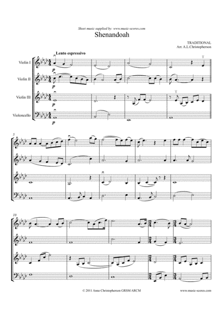 Shenandoah - 3 Violins and Cello (arr. Anne L Christopherson GRSM ARCM)