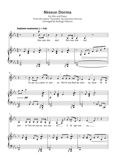 Nessun Dorma (for alto and piano) (arr. Rodrigo Faleiros)