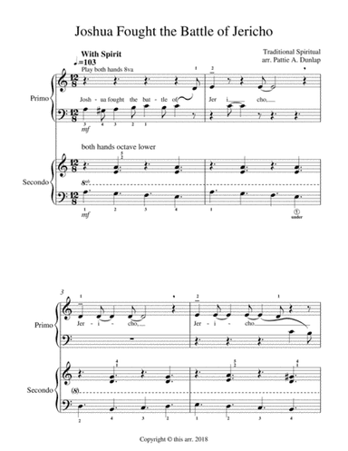 Joshua Fought the Battle of Jericho, piano duet, 1 P/4 H (arr. Pattie A. Dunlap)