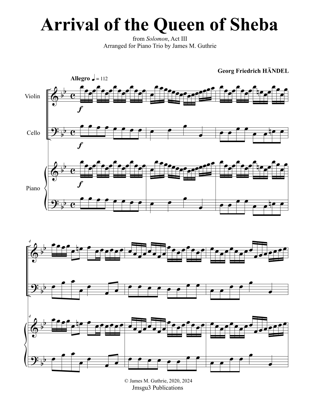 Handel: Arrival of the Queen of Sheba for Piano Trio (arr. James M. Guthrie)