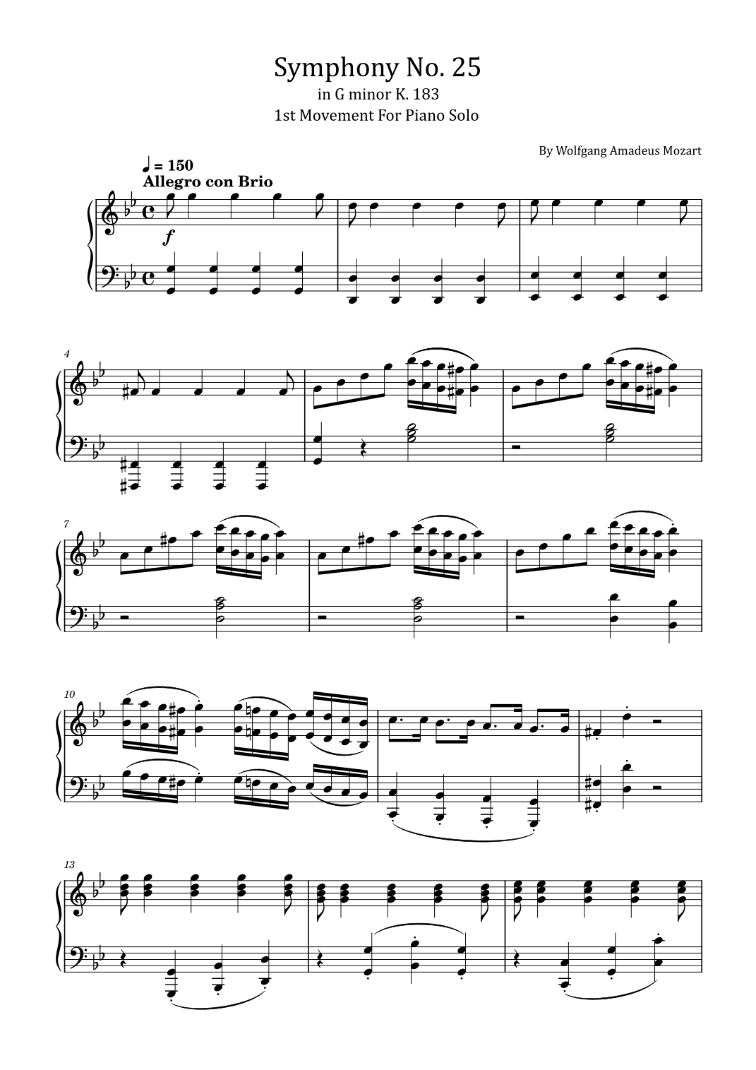 Mozart - Symphony No. 25 in G Minor, K. 183; 1st Mov - For Piano Solo (arr. poon)