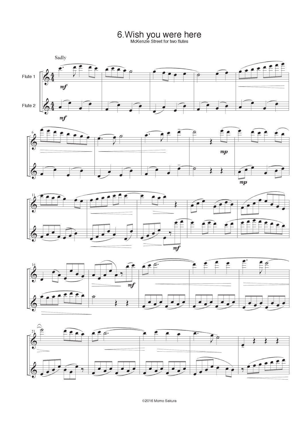 6. Wish you were here Mckenzie street for 2 Flutes/ Flute duet