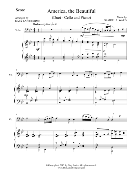 AMERICA, THE BEAUTIFUL (Duet – Cello and Piano/Score and Parts) (arr. Gary Lanier)