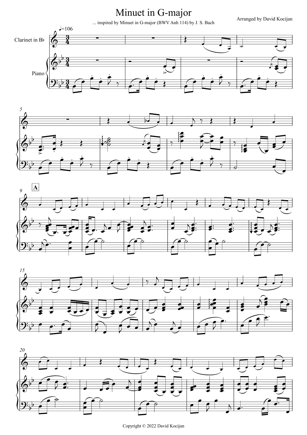 Minuet in G-major - EASY (clarinet & piano) (arr. David Kocijan)