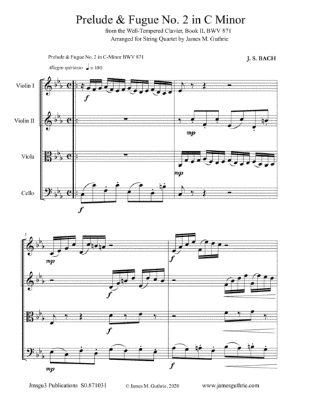 BACH: Prelude & Fugue No. 2 in C Minor, BWV 871 for String Quartet (arr. James M. Guthrie)