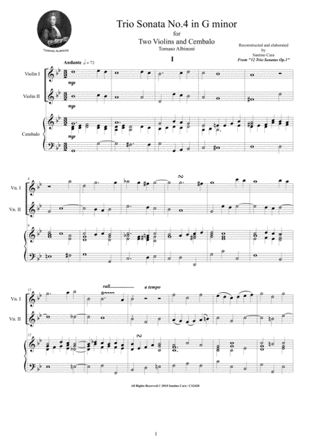 Albinoni - Trio Sonata No.4 in G minor Op.1 for Two Violins and Cembalo or Piano (arr. Santino Cara)