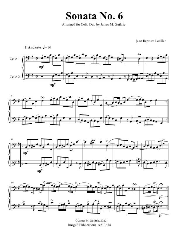 Loeillet: Sonata No. 6 for Cello Duo (arr. James M. Guthrie)