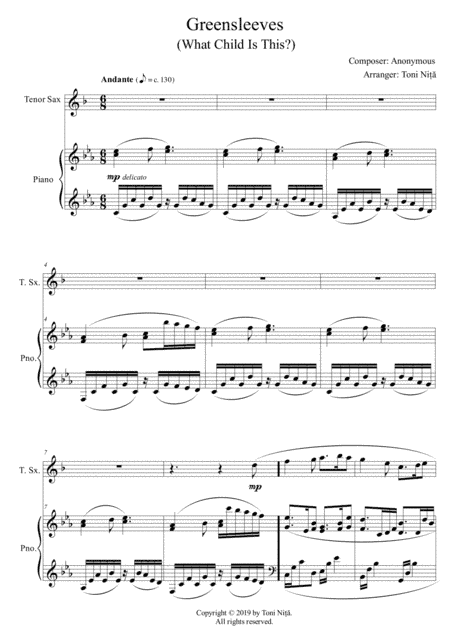Greensleeves (What Child Is This?) - Piano & Tenor Sax (arr. Toni Nita)