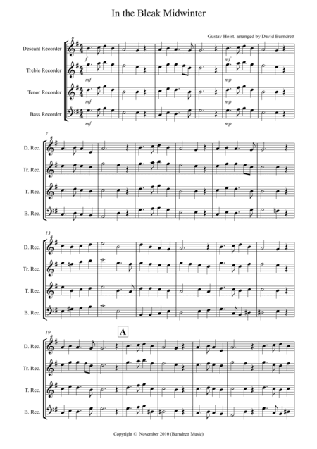 In the Bleak Midwinter for Recorder Quartet (arr. D.Burndrett)