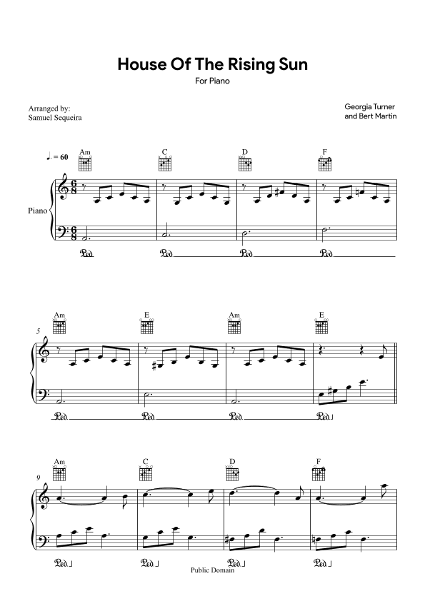House of the Rising Sun - for Piano - with chords (arr. Samuel Sequeira)
