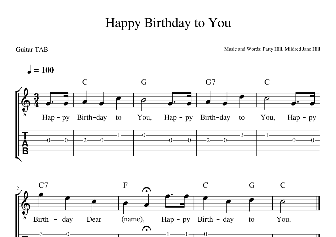 Happy Birthday to You (GUITAR TAB) [Patty Hill, Mildred Jane Hill] (arr. Darek)