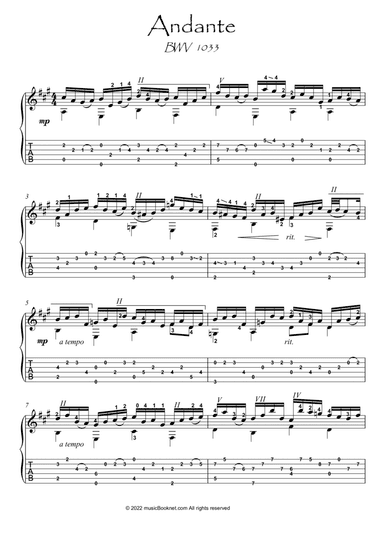 Bach for Guitar Andante BWV 1033 guitar solo (arr. PianoSheetNow)