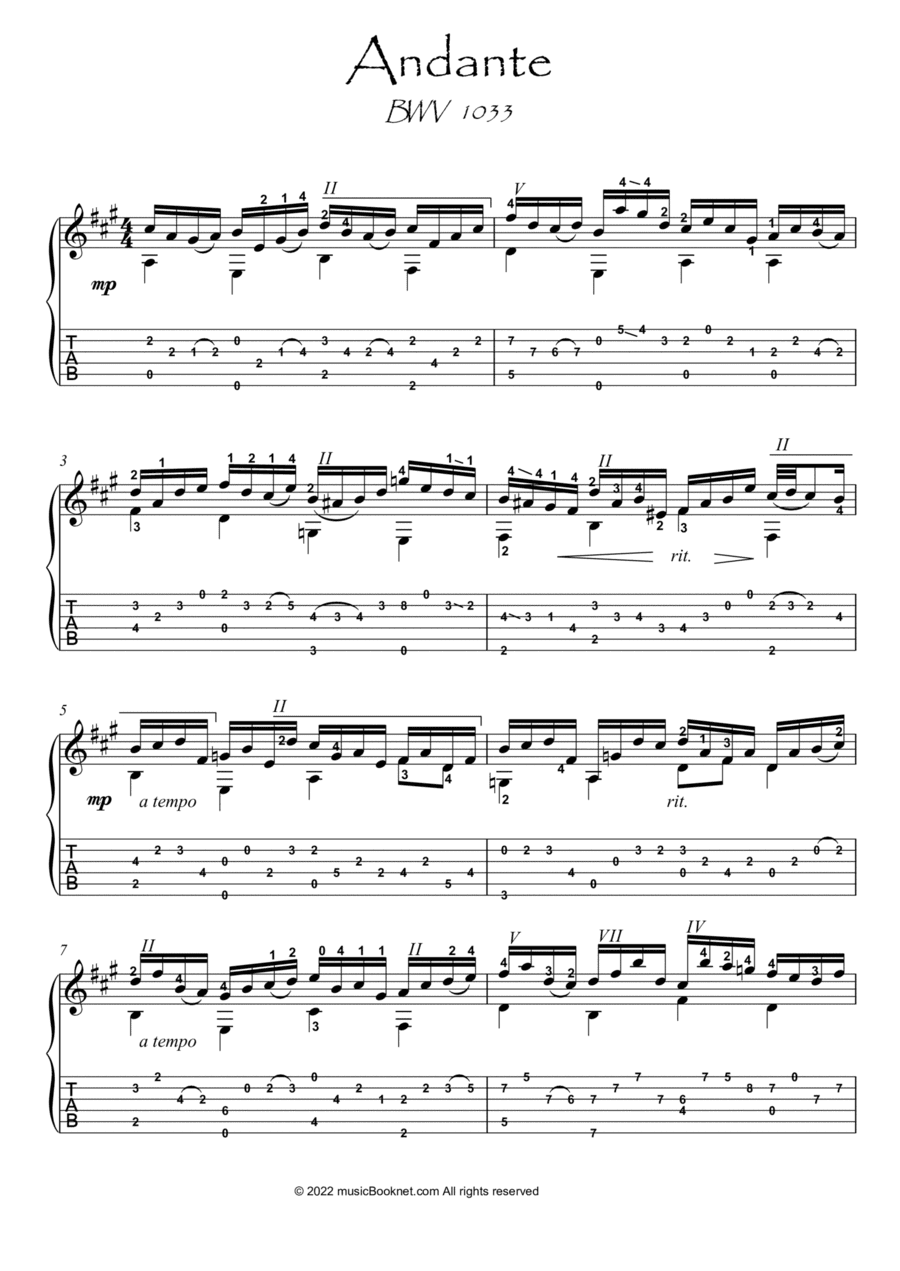 Bach for Guitar Andante BWV 1033 guitar solo (arr. PianoSheetNow)
