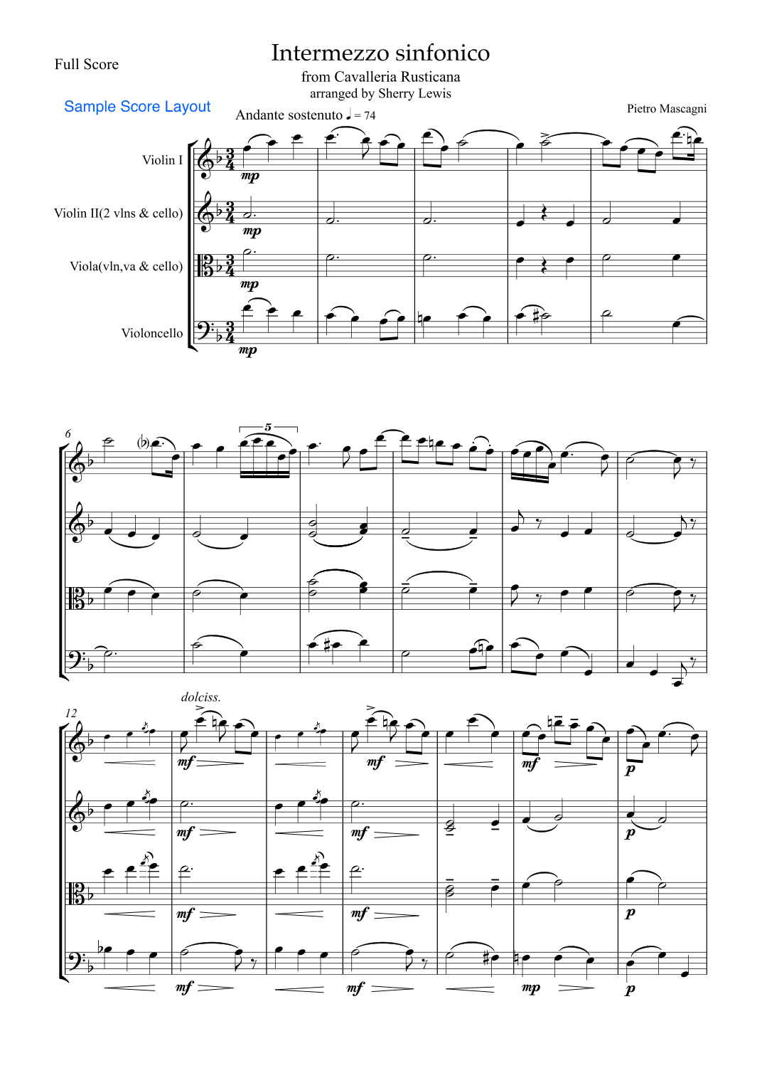 INTERMEZZO SINFONICO from 'Cavalleria Rusticana', Pietro Mascagni, String Trio, Intermediate Level f (arr. Sherry Lewis Publishing)