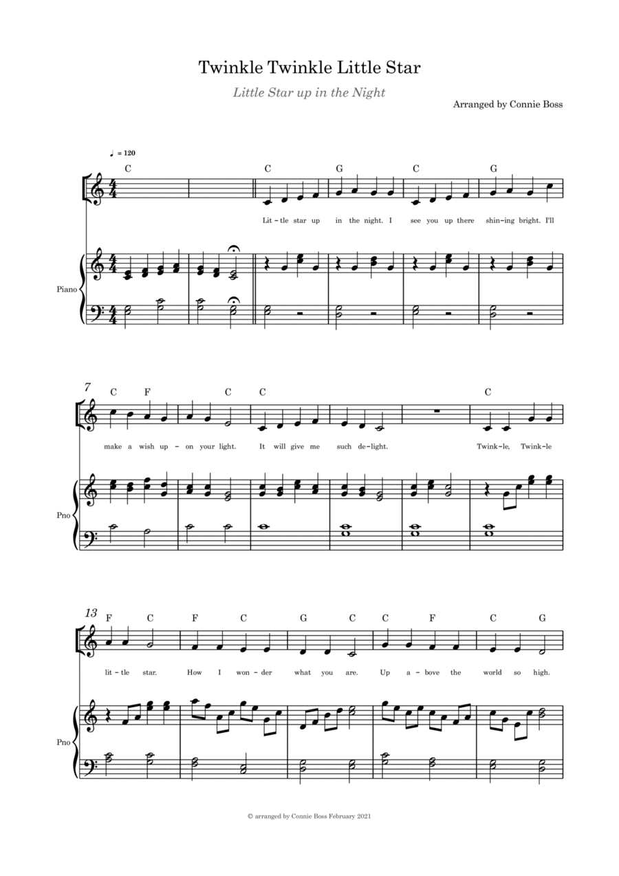 Twinkle Twinkle Little Star (Little Star up in the Night) - solo and piano (arr. Connie Boss)
