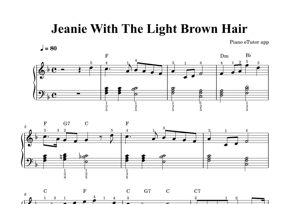 Jeanie With The Light Brown Hair - piano sheet music (arr. Piano eTutor app)