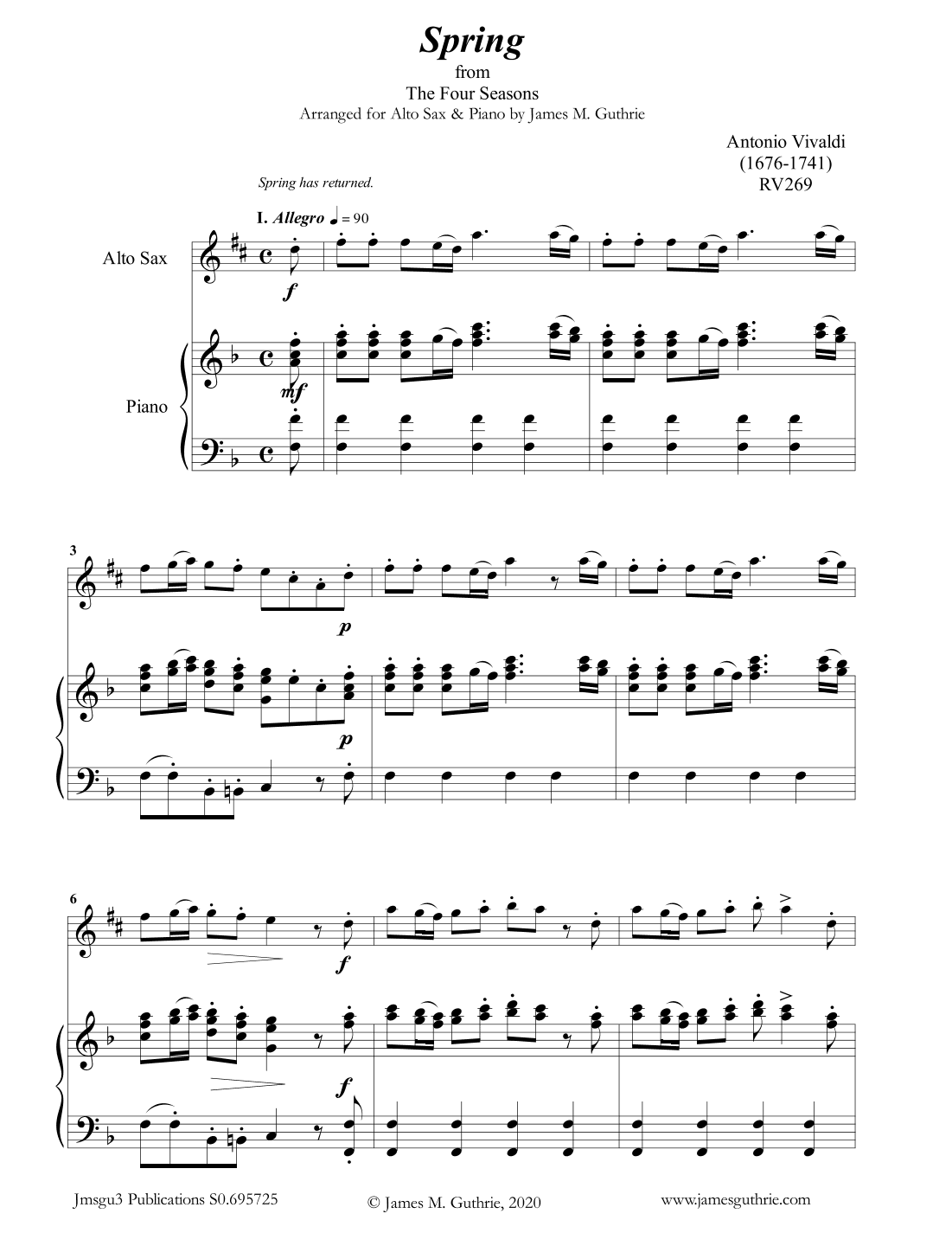 Vivaldi: Spring from the Four Seasons for Alto Sax & Piano (arr. James M. Guthrie, ASCAP)