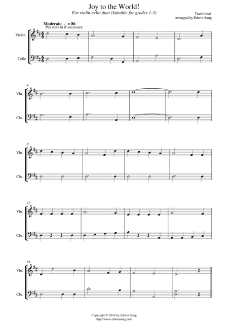 Joy to the World (for violin-cello duet, suitable for grades 1-3) (arr. Edwin Sung)